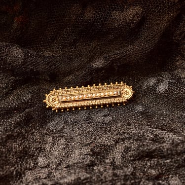 Victorian 15ct Seed Pearl Bar Pin, Etruscan Revival, Ornate Yellow Gold Brooch, Antique Fine Jewelry, 42mm 