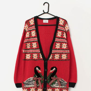 Vintage Christmas red cardigan with geese and tartan bows - Large 