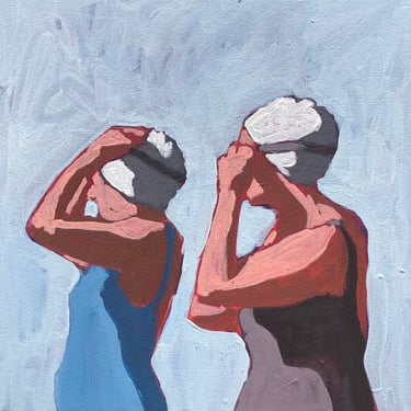 Swimmers - Original Acrylic Painting on Canvas 10 x 10 - michael van, summer, mcm, retro, gallery wall, women, small, swim cap, bathing suit 