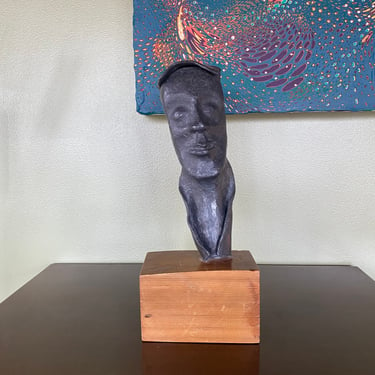 Midcentury Modern abstract bronze face sculpture on wood base, signed 