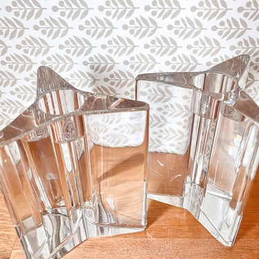 Pair of Crystal Riedel Three Point Candle Holders. Crystal Star Shaped Candlestick Holders. Holiday Table Candle Centerpiece. 