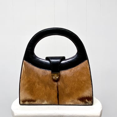 Vintage 1950s Black Leather and Brown Pony Hair Handbag, Mid-Century Top Handle Purse 