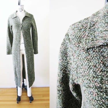 Vintage 2000s Boucle Knit Duster Jacket S - Y2K Green Knitted Floor Length Cardigan Sweater - Fairy Kei Grunge Cozy 