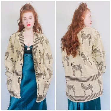 1990s Vintage Indian Cotton Zebra Print Blazer / 90s / Nineties Brown Safari Long Line Jacket Dress / Medium - Large 