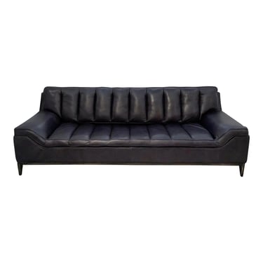 Modern Graphite Leather Channeled Back Sofa