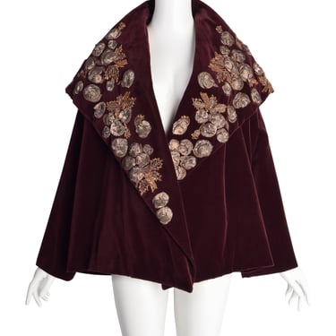 Romeo Gigli Vintage AW 1989 Burgundy Velvet Embellished Shawl Collar Cropped Coat