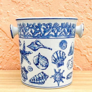 Coastal Blue and White Ceramic Ice Bucket