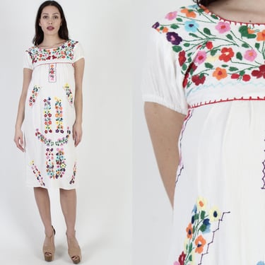 Authentic Made In Mexico White Cotton Floral Embroidered Midi Dress 