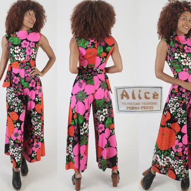 Vintage Alice Polynesian Fashions Jumpsuit, 60s Wide Leg Palazzo Playsuit, Barkcloth Tiki Pant Suit With Belt 
