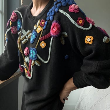 vintage dimensional crochet floral raglan sleeve cotton statement sweater 