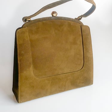 1960s Olive Green Suede Frame Handbag