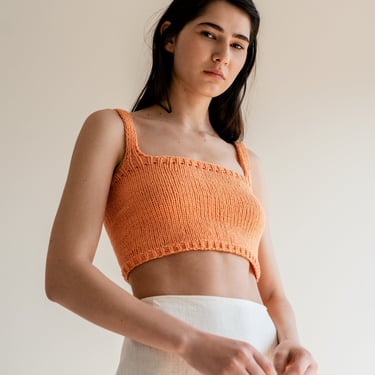 Square Neck Crop Top, Minimal Knit Top, Cropped Yoga Top, Hand Knit, Square Neckline, Knit Bra, Fitted Cotton Bralette in Peach Sorbet 