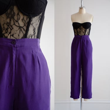 high waisted pants 80s 90s vintage dark purple silk straight leg cropped ankle trousers 