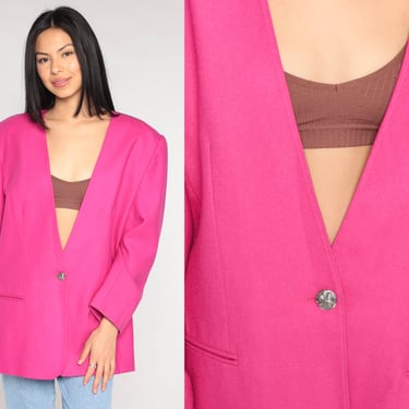 Fuchsia Wool Blazer 90s Button Up Jacket Retro Professional Deep V Neck Secretary Coat Structured Hot Pink Satin Lined Vintage 1990s Large L 