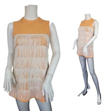 1960's Peach Orange Fringe Tunic Top I Mini Dress I Sz Sm 