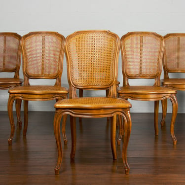 Country French Louis XV Style Provincial Maple Caned Dining Chairs - Set of 6 