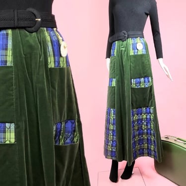 1970s Chessa Davis skirt. Olive green & royal blue plaid. Velour/velvet (Size L) 