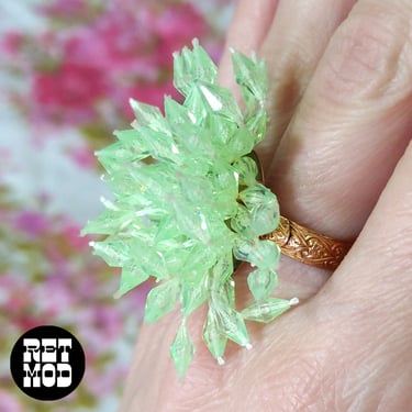 Vintage 60s 70s Pastel Clear Green Shaggy Bead Cluster Adjustable Ring 