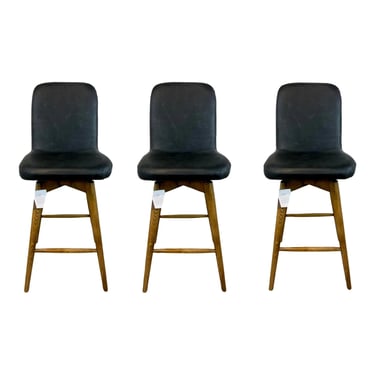 Modern Smokey Black Leather Bar Stools Set of 3