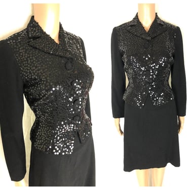 Vintage 1940's TRAINA NORELL Jet Black Sequined Wool Suit Set - Jacket and Skirt - size XS Extra Small 