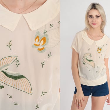 Silk Butterfly Blouse 70s Embroidered Top Semi-Sheer Cream Shirt Pointed Flat Collar Banded Hem Summer Short Sleeve Vintage 1970s Small S 