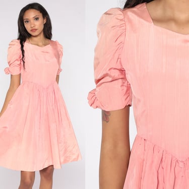 80s Party Dress Pink Puff Sleeve Dress Prom Dress Fit and Flare Full Skirt Dress Train Back Rosette Vintage Formal Small S 