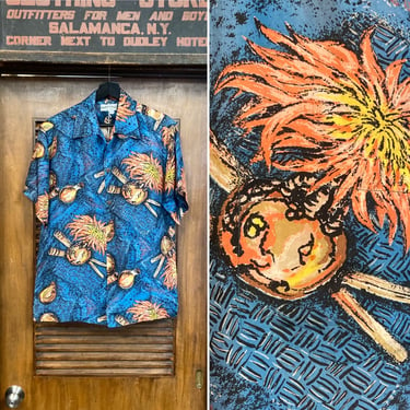 Vintage 1950’s Original “Uli Uli Rattle” Silk Tropical Tiki Hawaiian Shirt, Loop Collar, Matching Pocket, Great Design 