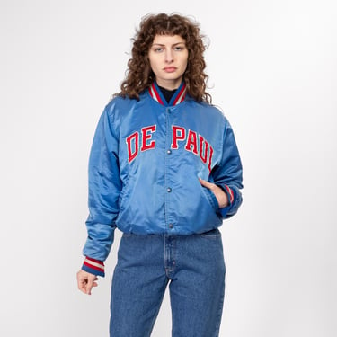 Med-Lrg 80s De Paul University Satin Starter Jacket Unisex | Vintage Distressed NCAA Blue Demons Snap Button Bomber 