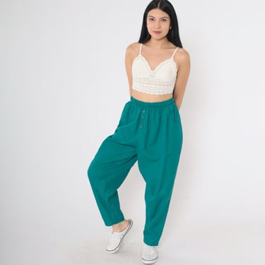 Vintage Teal Baggy Pants 90s Tapered Trousers High Elastic Waist Exposed Button Fly Retro Boho Slacks Basic Pockets 1990s Extra Large xl 