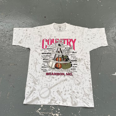 Size Large Vintage 90s Country Music All Over Print Short Sleeve T Shirt Men’s White Branson Missouri Band Tour AOP 