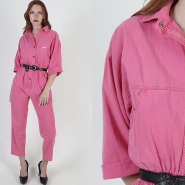 Vintage 80s Fashion Coveralls Jumpsuit Pink Cotton One Piece Pockets Playsuit 