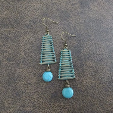 Patinated earrings, bohemian boho patina earrings, ethnic statement earrings, teal earrings, primitive etched bronze, ornate earrings 17 