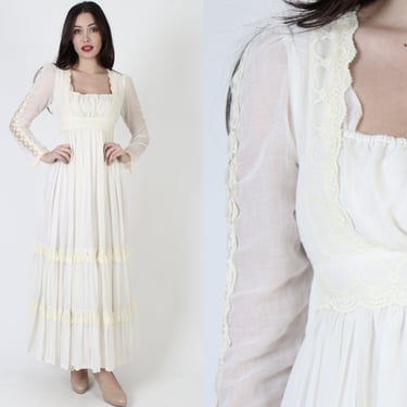 Gunne Sax Cream 70s Renaissance Fair Dirndl Dress / Sheer See Through Lace Sleeves / Embroidered Empire Waist Festival Outfit 9 