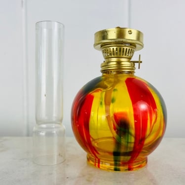 Vintage oil lamp, hand painted clear, green and red glass vintage oil lantern, for vintage lighting, farmhouse home decor, gift 
