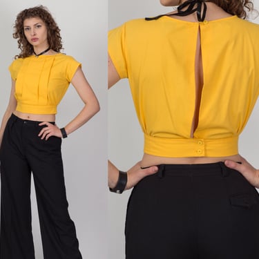 Vintage Yellow Keyhole Back Crop Top - Small | 70s 80s Honors Sport Short Sleeve Fitted Waist Cropped Shirt 