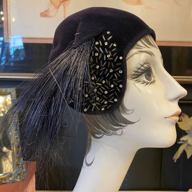 1940s hat, vintage fascinator, midnight blue, horse hat trim, rhinestone hat, 40s accessories, 1940s fashion, beaded hat, vintage head piece 