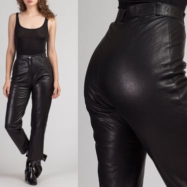 90s High Waist Black Leather Trousers - Small, 27