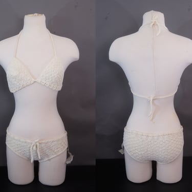 Vintage 1970s Crochet Swimsuit | Unworn with Tags | Bohemian Bikini in Off-White | Hip Hugger Bottoms and Self-Tie Triangle Top | XS. Small 