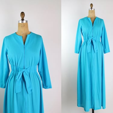 60s Miss Elaine Turquoise House Robe / Front Zipper / Size S/M 