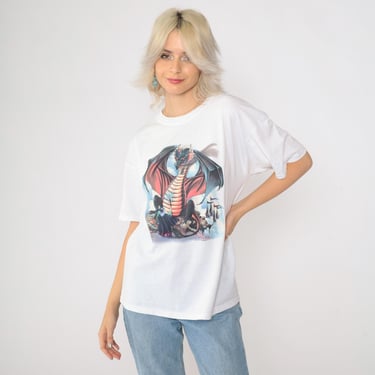 Y2K Dragon Wizard T-Shirt Vintage Fantasy Graphic Tee Retro White Mythology Castle Shirt 00s Fantasy Tee Jerzees Large 