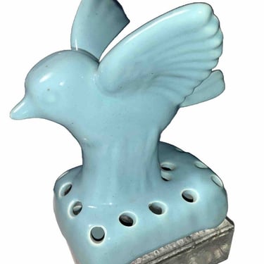 Vintage Camark Art Pottery Bird Flower Frog Vase Planter Canary Blue Ceramic 