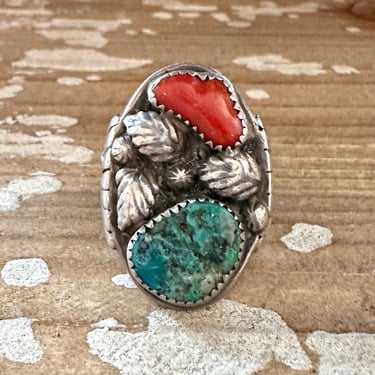 NEVER LEAVES Vintage Handmade Men's Ring Sterling Silver, Turquoise, Coral | Native American Style Jewelry Southwestern | Size 10 