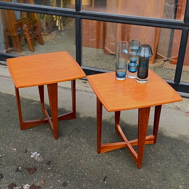 Two Lovely Teak 2 Tone Compact X Base Square Side Tables
