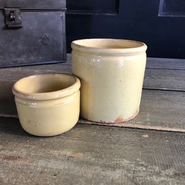 Antique French Conserve Pots, Jar, Creamy Yellow Glaze, Set of 2,  Earthenware, Rustic Country Farmhouse Cuisine 