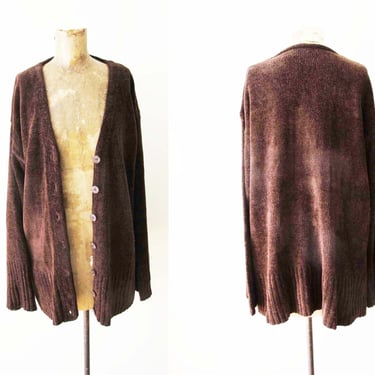 2000s Brown Chenille Cardigan S - Vintage Y2K Earthy Knit  Womens Cardigan Sweater - Soft Fuzzy 