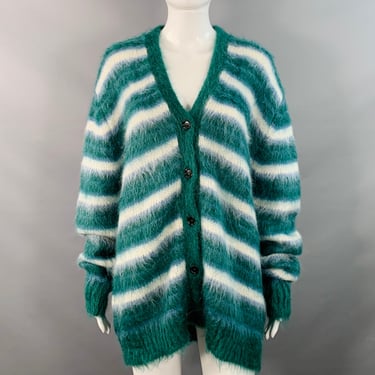 MARNI Size 6 Green Blue White Mohair Blend Stripe V-Neck Cardigan