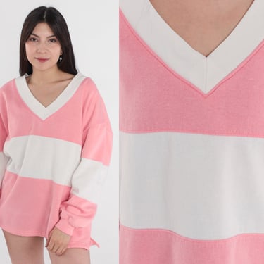 80s Sweatshirt Pink White Color Block Sweatshirt V Neck Slouchy 1980s Athleisure Vintage Loungewear Loose Oversized Large 