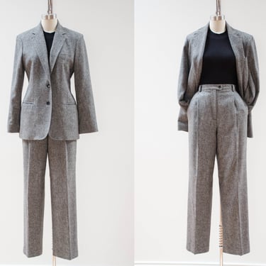 tweed wool suit | 90s vintage black white wool dark academia high waisted pants and blazer 2 piece suit set 