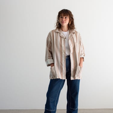 Vintage Brown White Zig Zag Striped Shirt Jacket | Unisex Flannel Stripe Cotton Pajama Chore Shop | M L | SJ017 