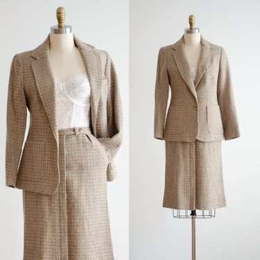 brown wool suit 70s 80s vintage Evan Picone beige tan wool skirt suit 